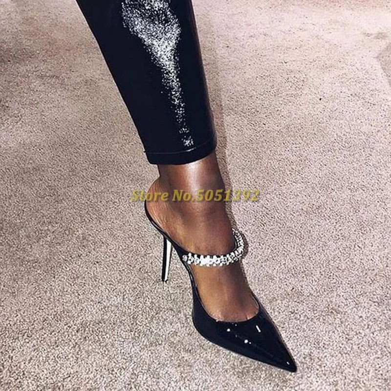 

Diamond Crystal Mule Pumps Embellished Thin High Heel Patent Leather Pump Mule Heel Slip On Entry Lightly Padded Insole