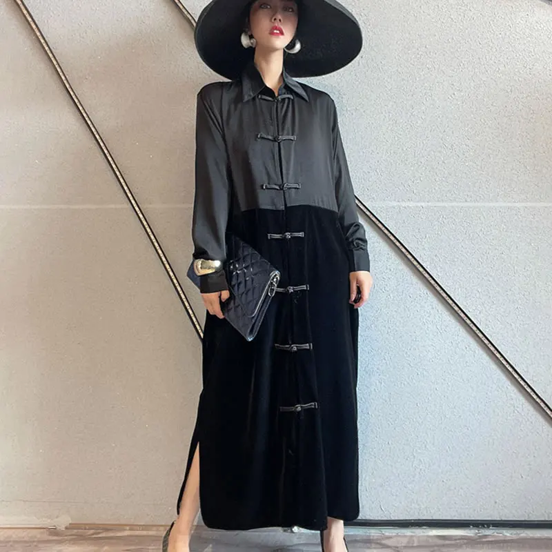 

XITAO Patchwork Dress Fashion New Women Full Sleeve 2021 Spring Black Disc Buckle Waist Elegant Minority Loose Dress GCC4459