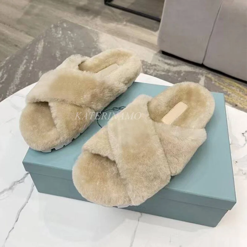 

Luxury Brand Wool Slippers Women Open Toe Cross Soft Thick Sole Flats Platform Comfort Ladies Slides Mule Shoes Zapatos De Mujer