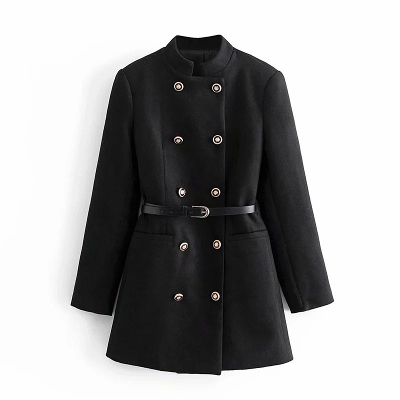 

ZXQJ Women Black Woolen Coat 2021 Autumn Winter Fashion Lady Stand Collar Sashes Waist Long Streetwear Female Breasted Outerwear