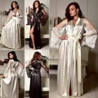 Женская атласная кружевная Пижама, белая, черная однотонная атласная кружевная пижама с длинным рукавом