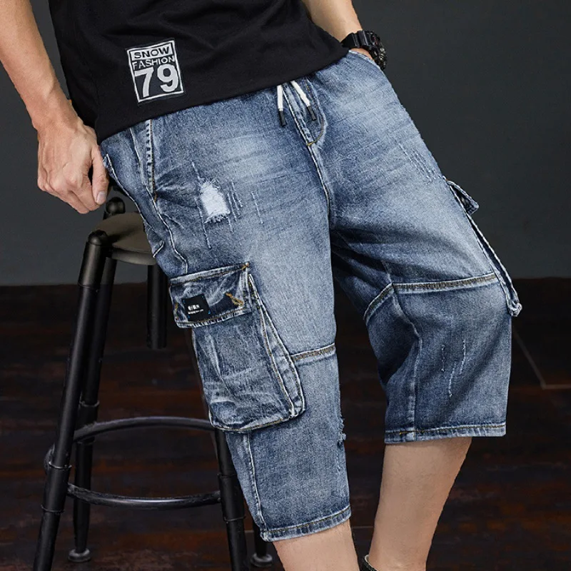 

Мужские летние джинсовые шорты, новые шорты-карго, модные повседневные эластичные укороченные джинсы с эластичным поясом и большими карман...