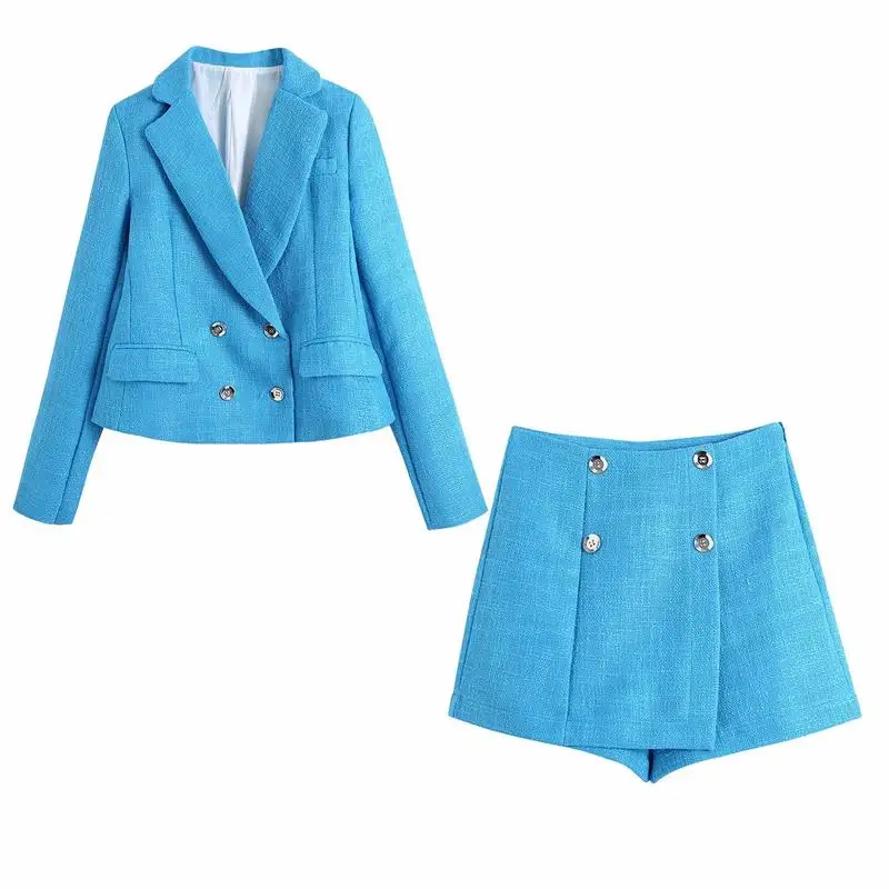 

2Pcs ZA Spring Women Blazer Suit Solid Double Breasted Coat+Short Vintage Long Sleeve Female Outerwear OL Chic Tops Two Colors