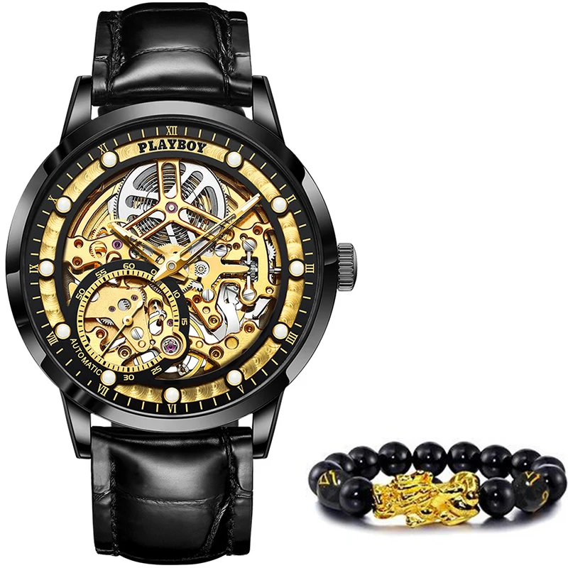 

PLAYBOY Men Mechanical Watch Sapphire Glass Luxury Skeleton Automatic Black Watch Men Leather Waterproof Wristwatch Men Gifts