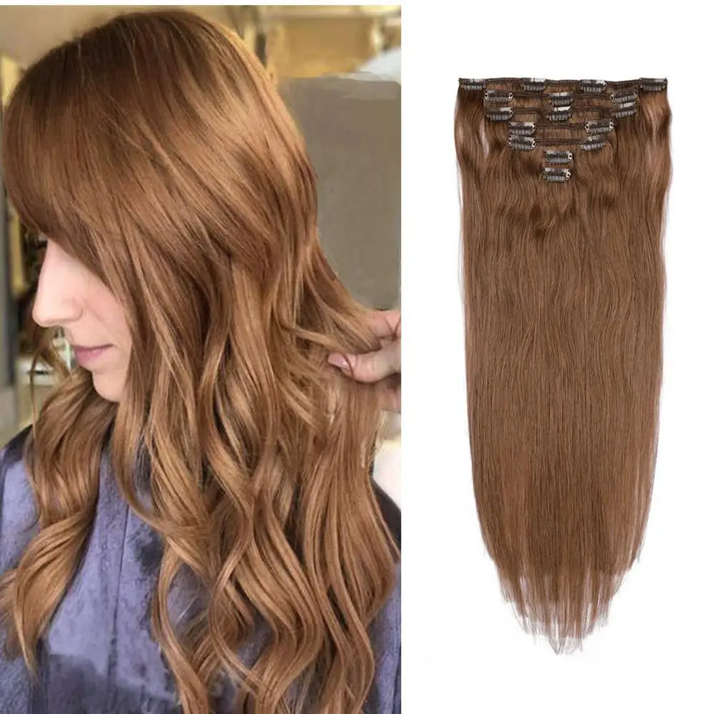 Clip in Hair Extensions Human Hair Brown Remy Human Hair Extensions Clip in Natural Hair Extensions Straight For Women