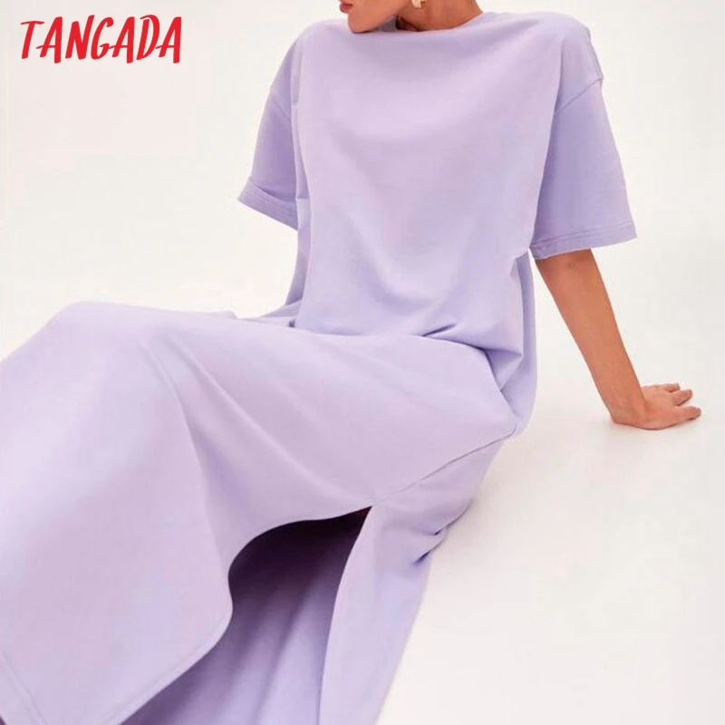 

FAKUNTN Tangada 2021 Women Elegant 95% Cotton Sweatshirt Dress Oversized Short Sleeve Side Open Ladies Midi Dress 6L60