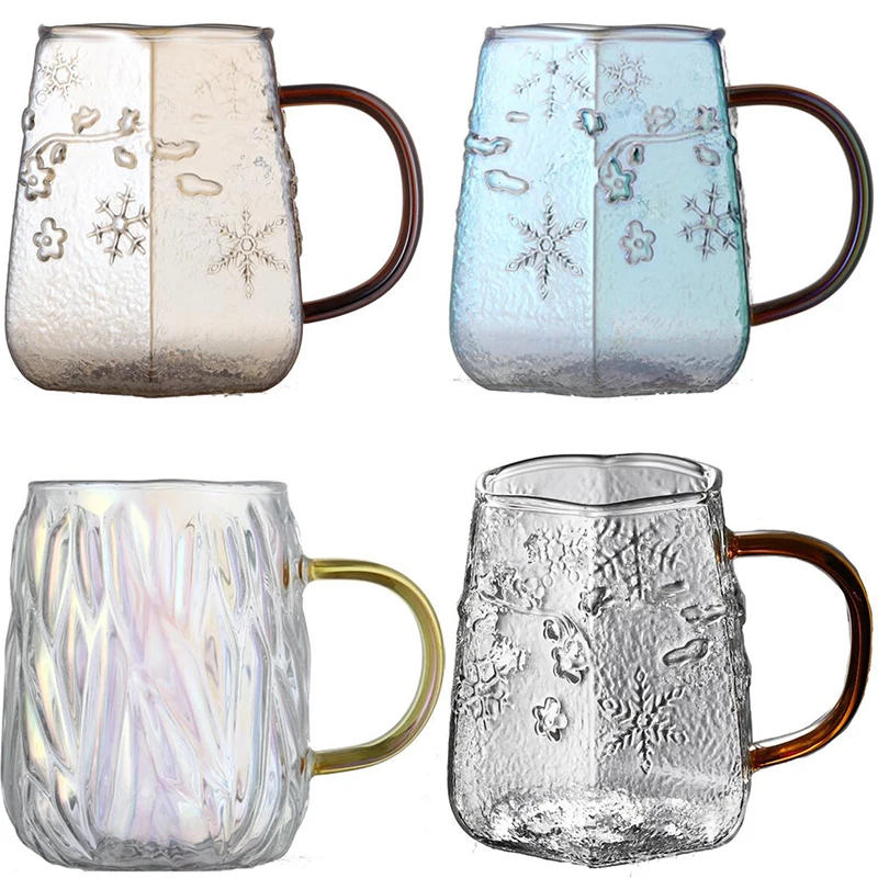 

Transparent Glasses for Drinks Heat-Resisting Drinkware Borosilicate Glass for Drinking with Handle Snowflake Glasses