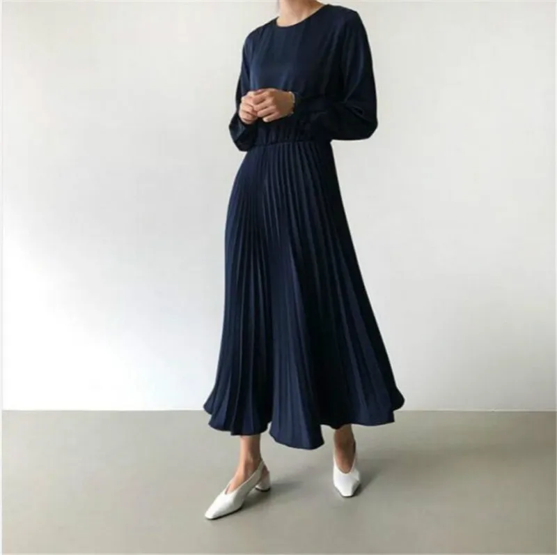 Элегантное Плиссированное длинное платье с поясом однотонное длиной до