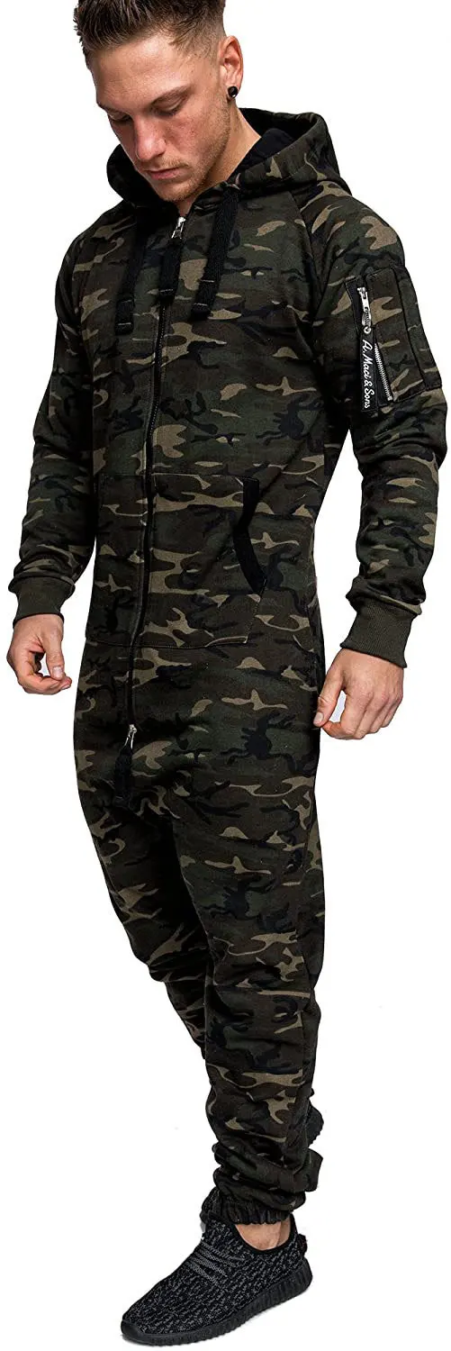 

2020 Autumn and Winter New Style Hot Sale Men's Hooded Fleece Jumpsuit Camouflage Arm Zipper Casual Suit for Men Sets