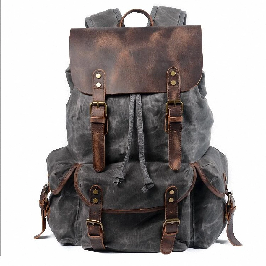 New 2020 Men's Vintage School Bags Travel Sports Camping Hiking Rucksack Quality Waxed Canvas Leather Casual Men Laptop Backpack | Спорт и