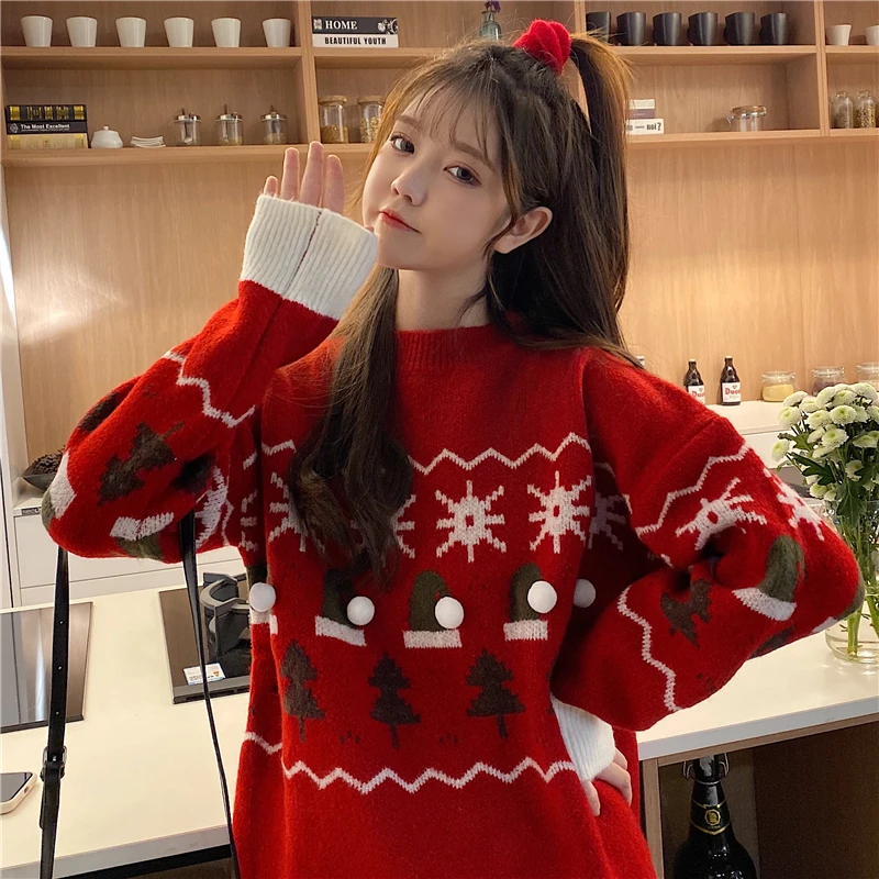 

Retro Chic Hong Kong Christmas Sweater Women's Pullover Autumn Winter Thick Loose-Fitting Korean Ins Idle Style Mori