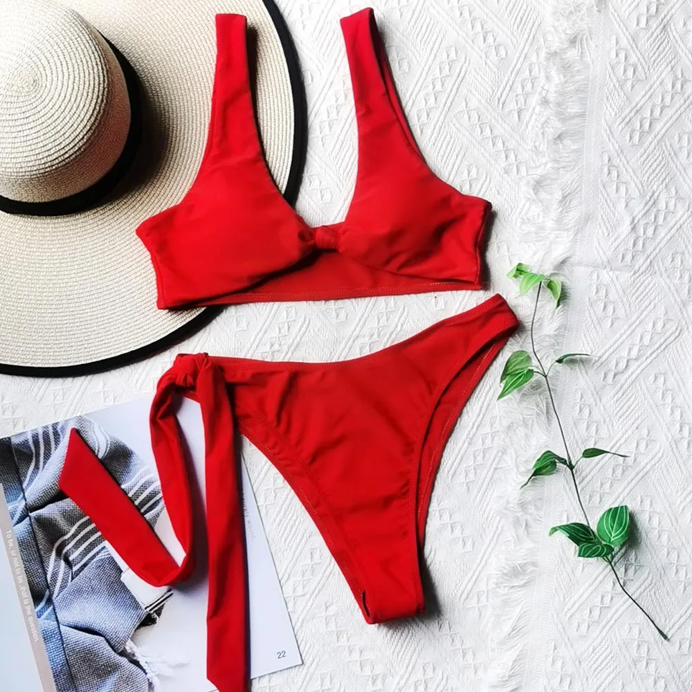 

New 2021 Pink Knotted Bikini Female Swimsuit Women Swimwear Push Up Bikini set Bather Mid Waist Bathing Suit Swim Lady