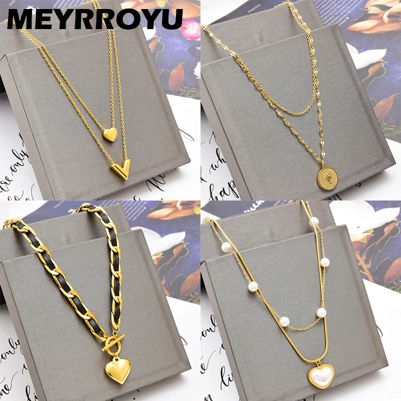 

MEYRROYU Stainless Steel New Punk Trend Chain Heart Geometric Pendant Necklace For Women Gift Party Fashion Jewelry Wholesale