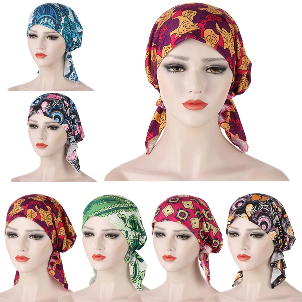 

New Muslim Woman Inner Hijab Hat Turban Chemo Cap Beanie Scarf Hair Loss Cover Head Wrap African Print Bonnet Headwear Headscarf