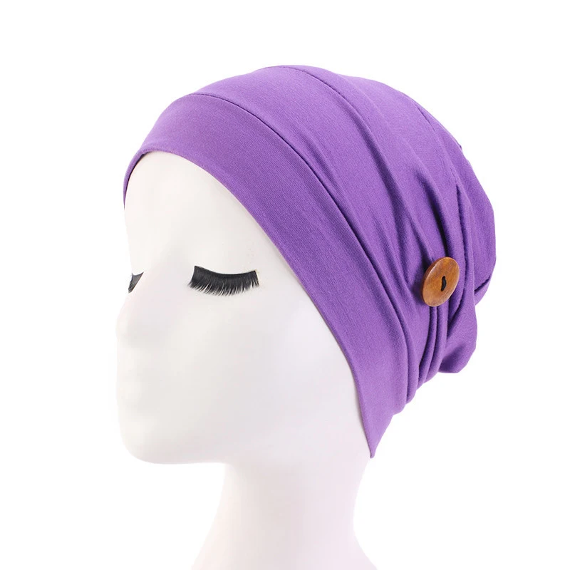 

Women Muslim Wrap Cotton Elastic Turban Hat With Button Lady Solid Color Head Wrap Caps Headscarf Nurse Hat Hair Accessory