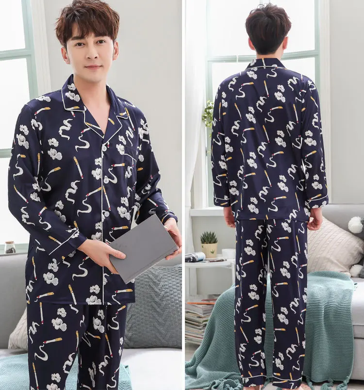

Man Silk Satin Cartoon Long-Sleeved Pajama Sets Couple Pajamas For Men Set Sleepwear At All Seasons High Quality Lovers Pajamas