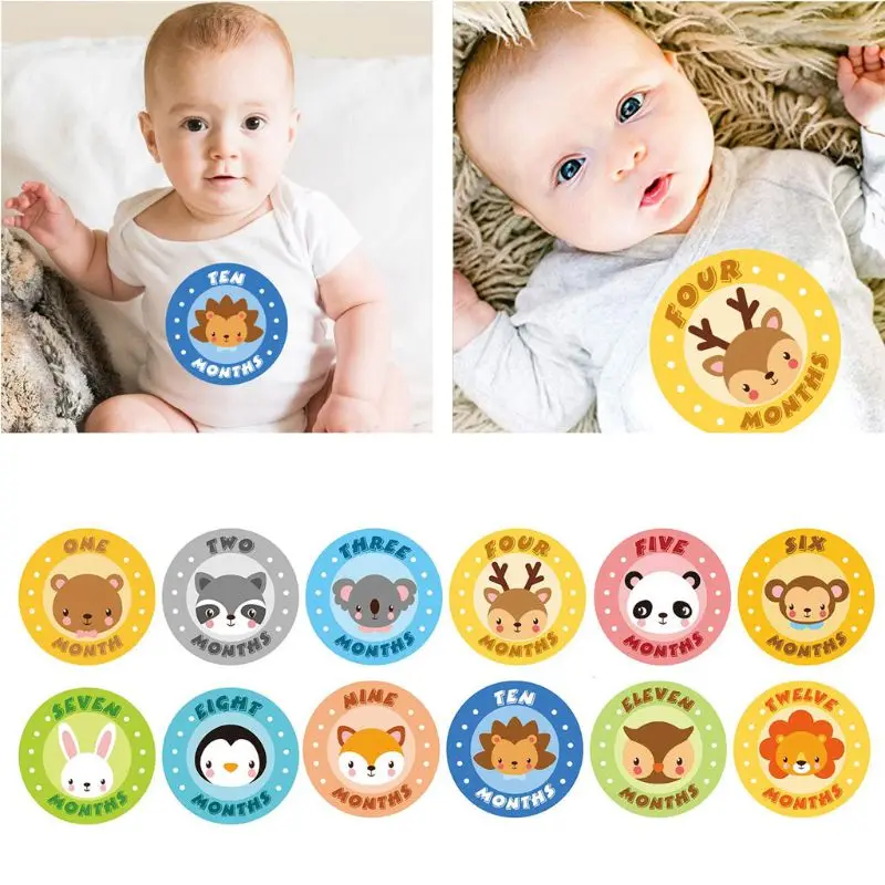 Pegatinas mensuales para beb&eacute;, pegatinas de animales para el primer a&ntilde;o, mes de edad, hitos de crecimiento, Unisex, de 1 a 12 meses-0