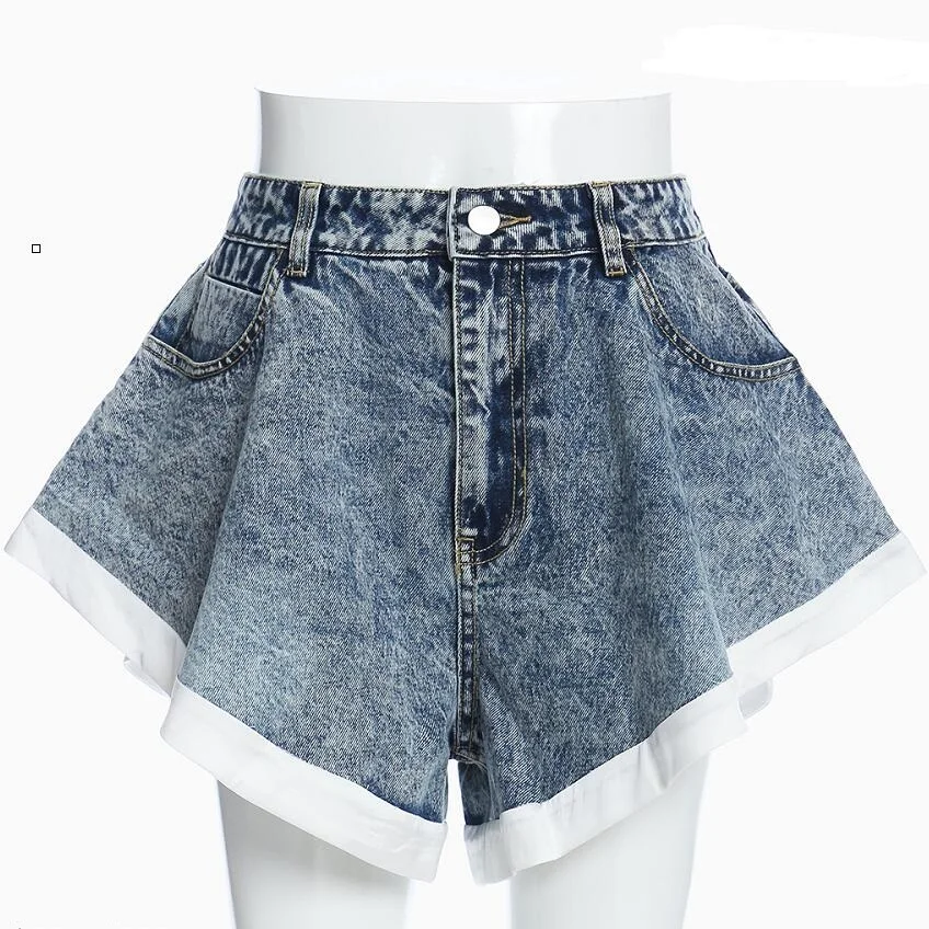 High Waist Flare Short Jeans Women White Patchwork Hot Jeans Flare Wide Shorts