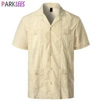 mens traditional cuban camp collar guayabera shirt short sleeve embroidered mexican caribbean style beach shirt with 4 pocket