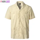 Мужская Традиционная рубашка Guayabera с воротником из кубинской ткани, Пляжная рубашка с короткими рукавами и вышивкой в мексиканском карибском стиле, 4 кармана
