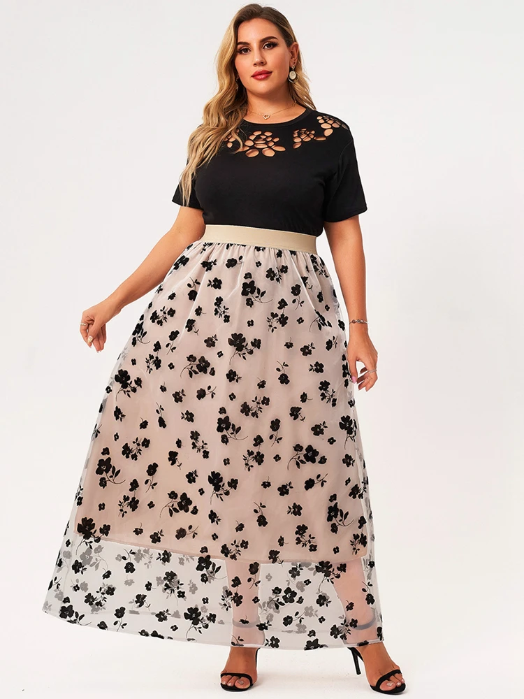 

2022 New Summer Skirt Women Plus Size Beige Floral Flocked Mesh Stitching Sweet Fairy Casual Large Holiday Loose Long Skirts