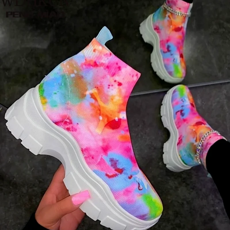 

Женские кроссовки с высоким верхом Tie-dye, Повседневная дышащая эластичная разноцветная спортивная обувь для бега на толстой подошве