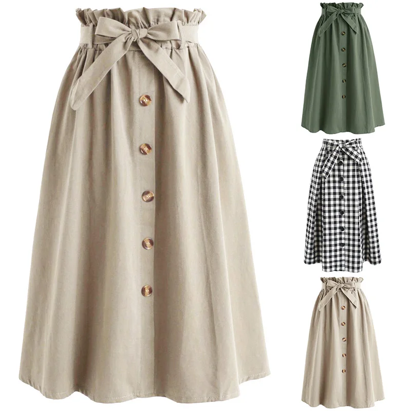 Женские юбки городской стиль мода сплошной цвет высокая посадка на пуговице