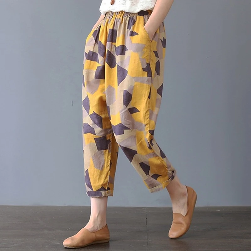 

Vintage Elastic Waist Harem Pants omen Harem Pants 2019 Autumn Print Trousers Casual Loose Ankle-Length Pants Training Pants