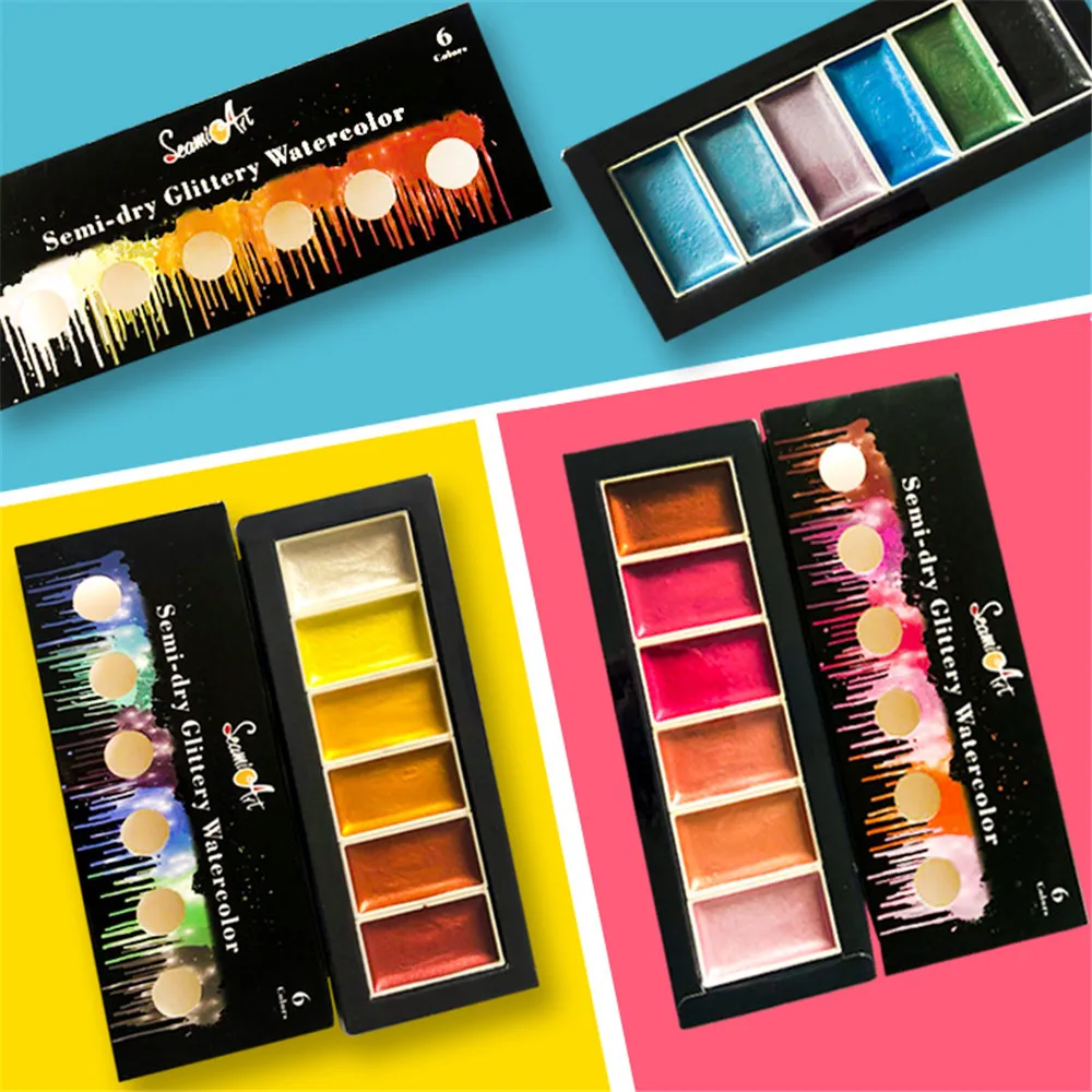 

6 Colors Cool/Warm/Metallic Watercolor Paint Set Glitter Paint with Paintbrush Bright Color Sketch Color Art Tool Art Supplies
