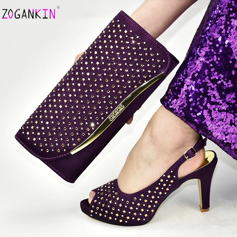 

2020 New Design High Heels in Purple Color Italian Women Shoes and Bag to Match African Lady Decorate with Rhinestone for Party
