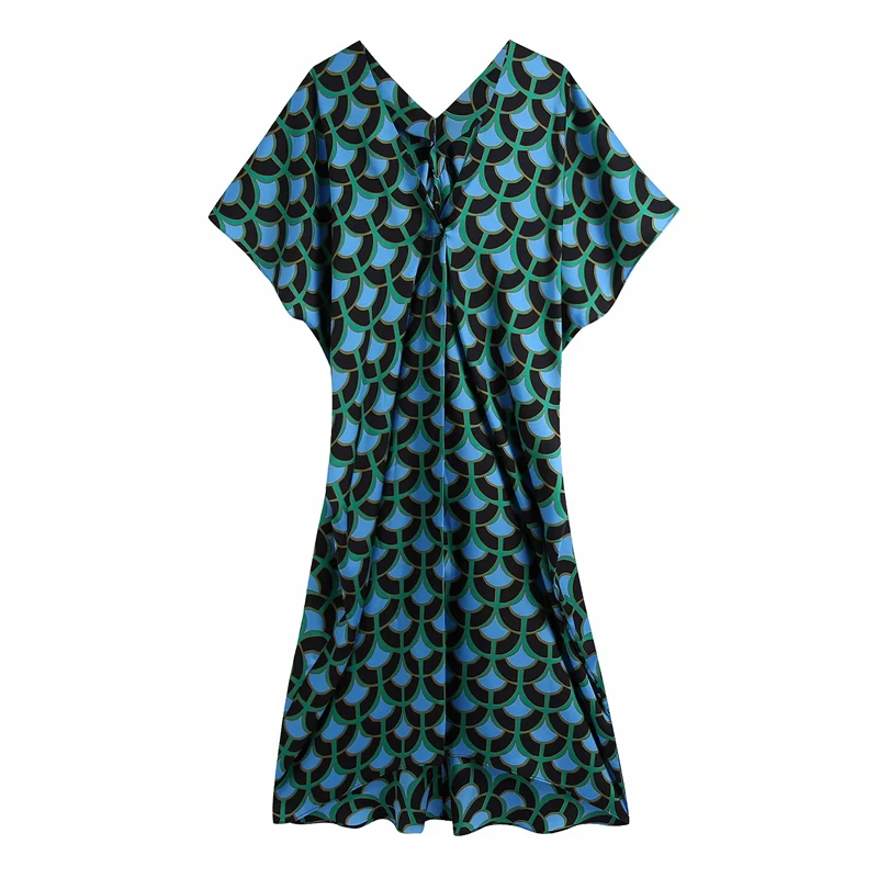 

ZA Women printed tunic dress woman v-neck flowing short sleeves pleat asymmetric hem Summer Dresses Ladies loose robe 2021