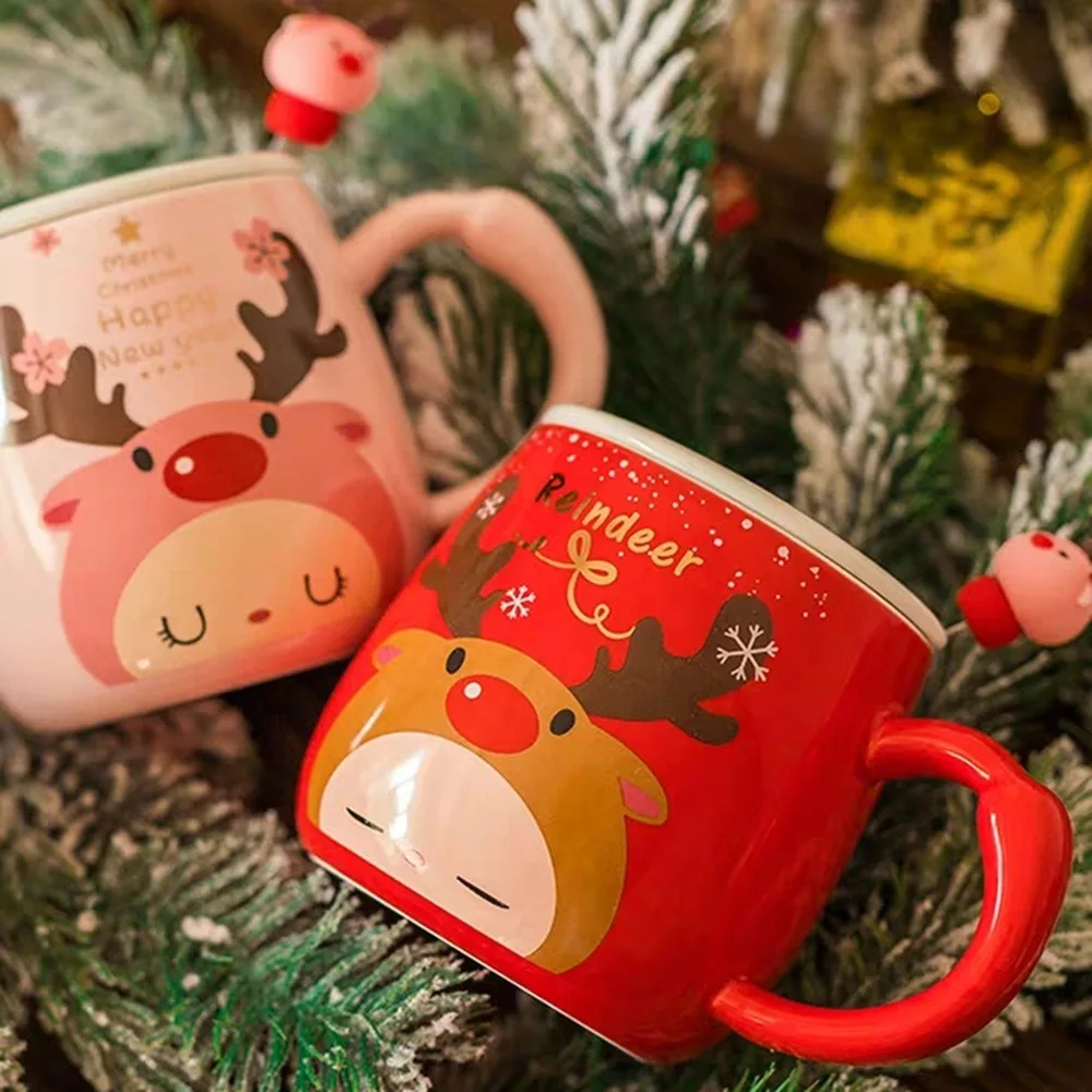 

400ml Christmas Deer Red Mugs Instagram Pink Girl Heart Ceramic Mug Cartoon Couple Water Glass Coffee Bottle Spoon with Cover