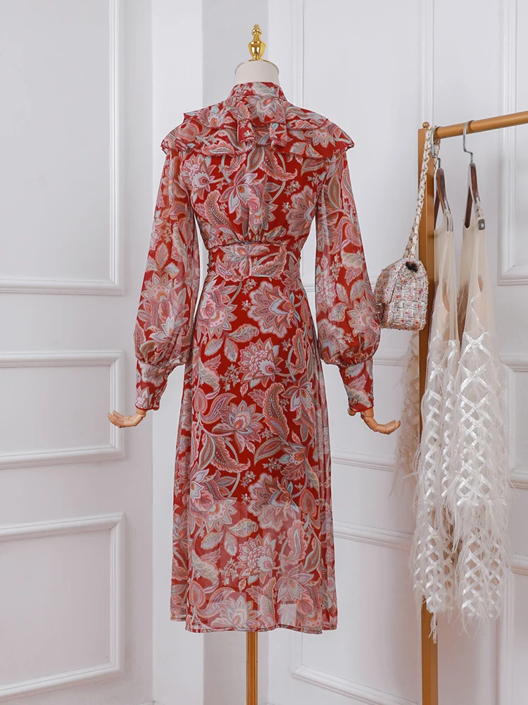 

Holiday Tourism Dress Autumn and Spring 2021 New Stand Collar Women Dress Ruffled Retro Slim Waist Vacation Dress Women