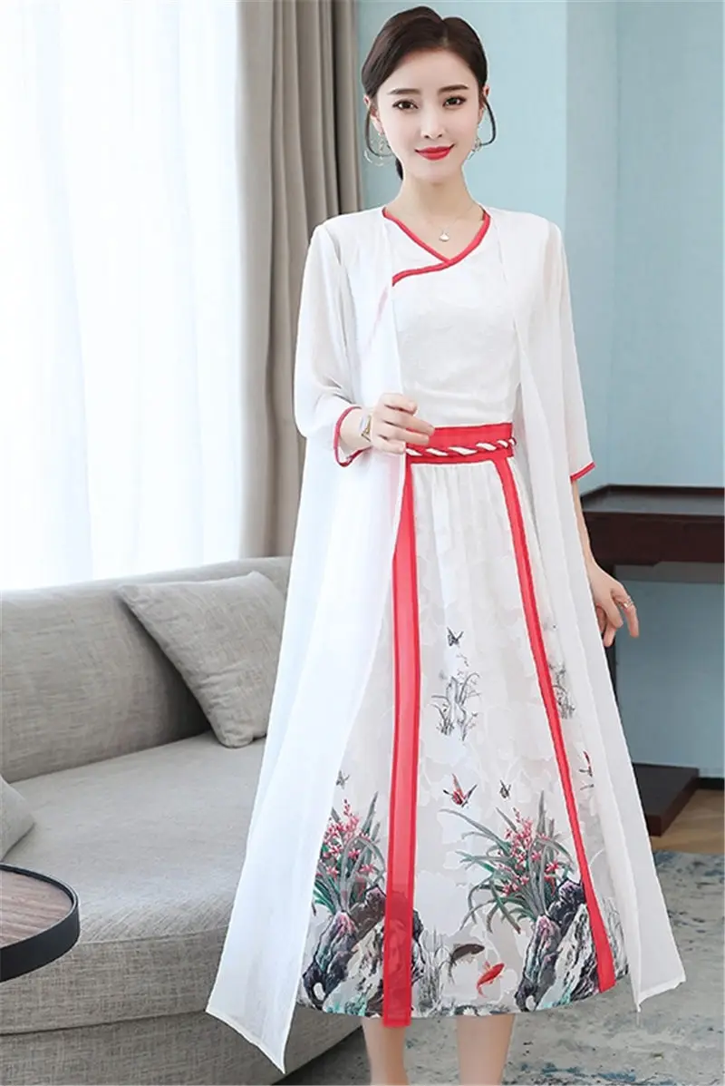 

2021 Retro Hanfu Improved Dress Female Ancient Style Printed Chiffon Cardigan Shawl Jacket Sleeveless Dress Two Piece Set zh305