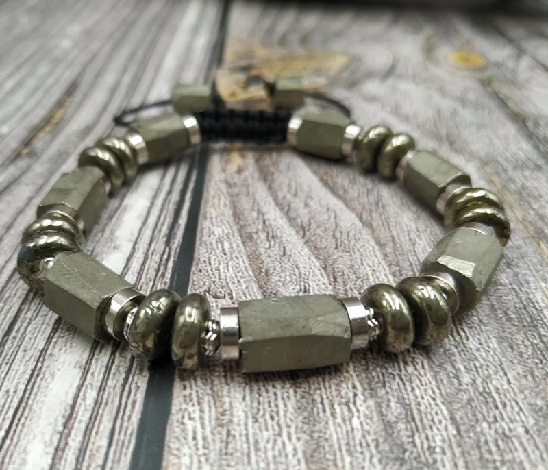 YA4075 натуральный Пирит камень Бусины Браслет Регулируемый |