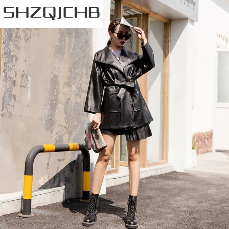 

JCHB 2021 New Women Long Sheepskin Leather Trench Coat Fashion Sashes Loose Fit Genuine Leather Jacket Pockets Ladies Outwear Wi