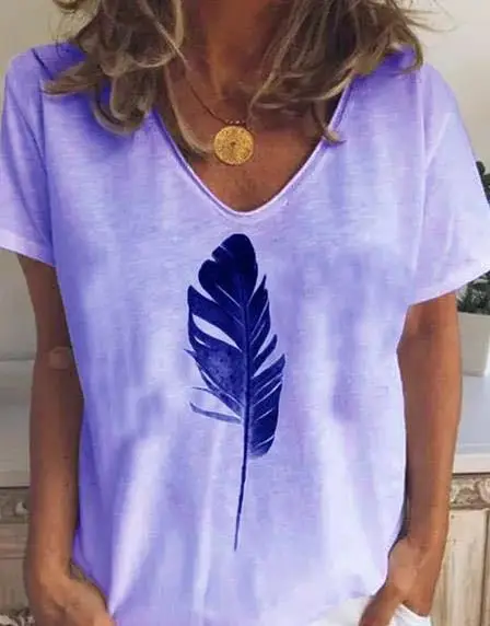 

New large loose summer feather print short sleeve women's T-shirt