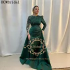 Длинное прямое арабское вечернее платье со съемным шлейфом, изысканная Аппликация из бисера, изумрудно-зеленое официальное платье с рукавами на заказ