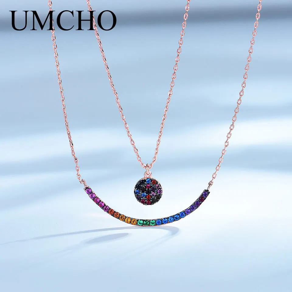 UMCHO серебро 925 пробы цветной драгоценный камень смайлик ожерелье Двойная Цепочка