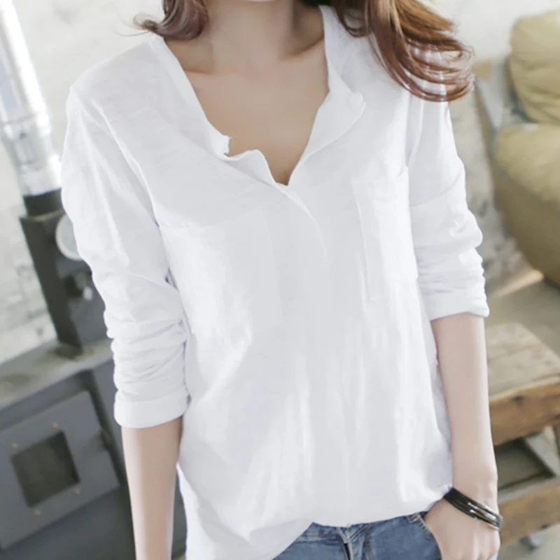 

Autumn 2021 Korean Style White T Shirt Women Casual V-Neck Pockets Woman Tops Long Sleeve Loose Cotton Tee Shirt Femme Female