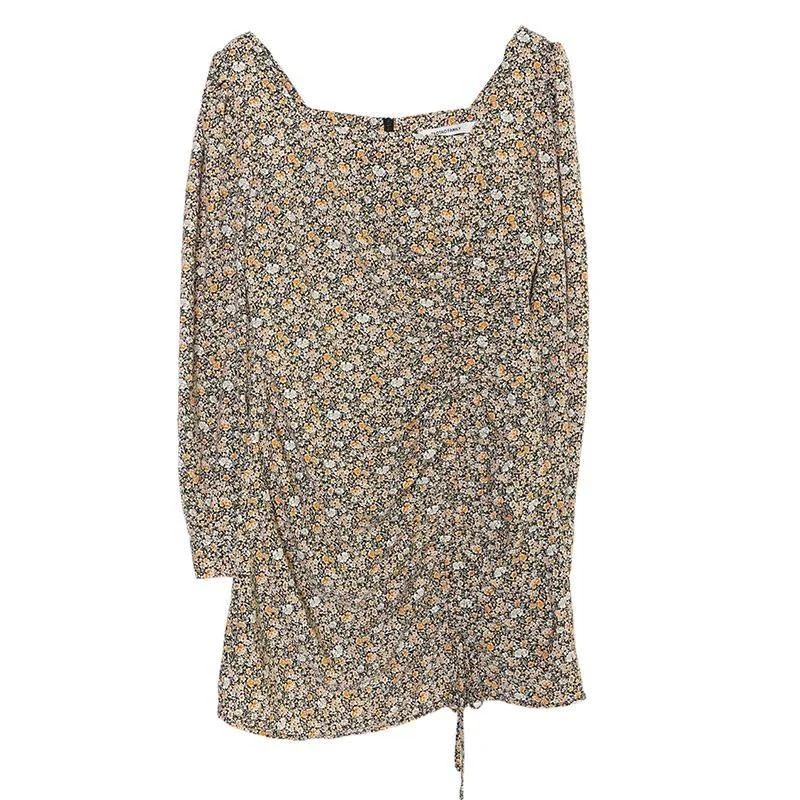

2021 spring lady floral dress temperament long sleeve square neck A-line dress style slim Floral Dress