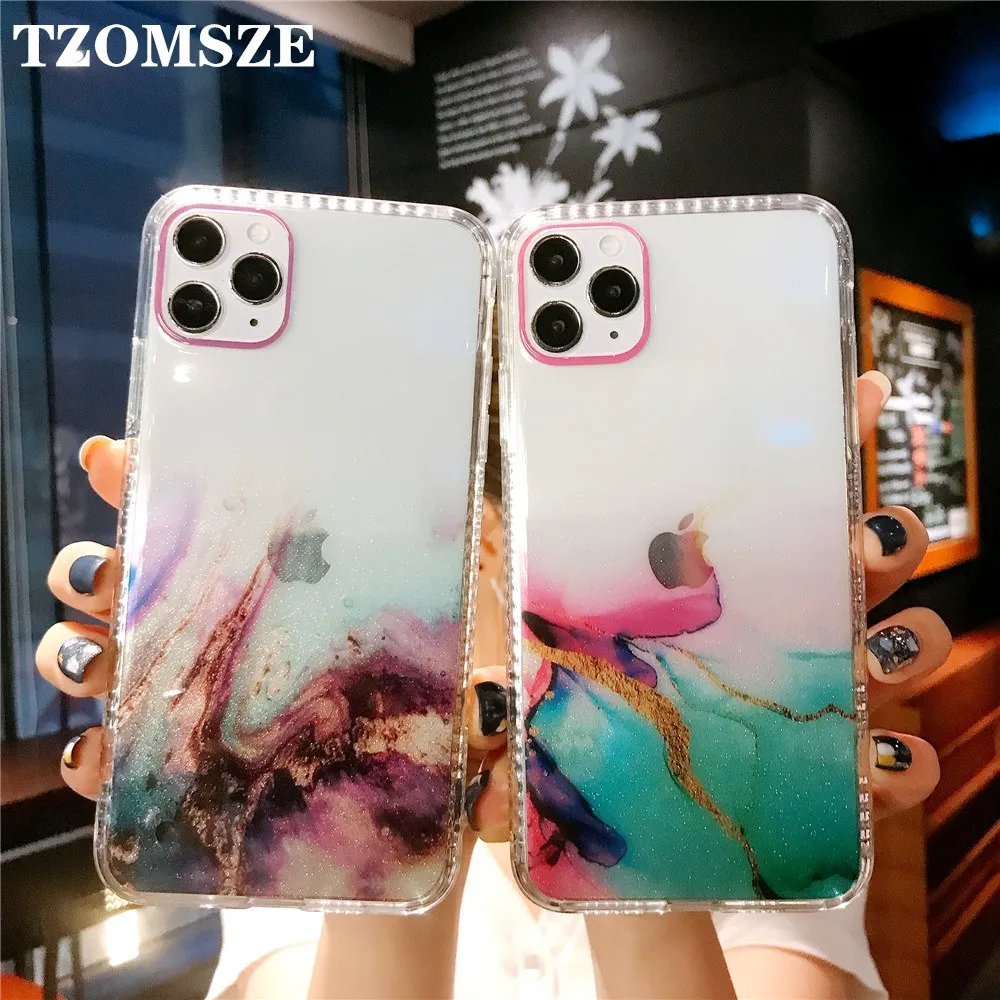 

Watercolor Phone Case for iPhone 12 mini 11 Pro Max XR XS SE 2020 7 8 Plus Coque Glitter Colorful IMD Plating Transparent Cover