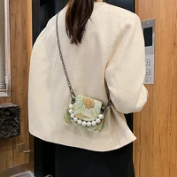mini pearl chain lipstick bag lady designer oil painting shoulder bag women luxury cute canvas crossbody bag satchels for women