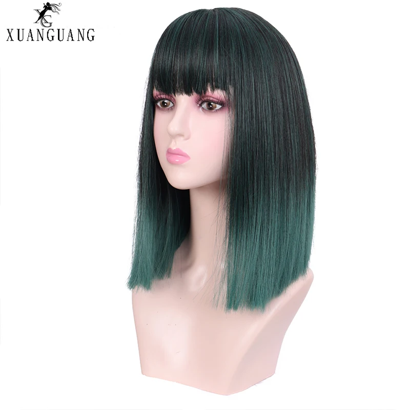 Синтетические парики XUANGUANG Green Ombre для женщин длинные с жаростойкими челками