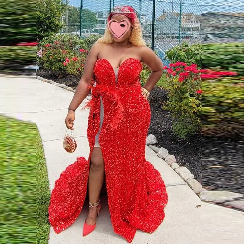 

Buyer Shows Red Sequined Prom Dresses Sweetheart High Side Split Women Evening Dress Real Images Black Girls robes de cocktail