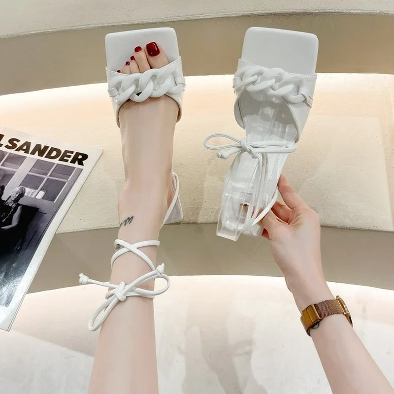 

2021 Summer New Women's Shoes Fashion Sexy High Heels Temperament Party Metal Chain Color Cross Strap High Heel Sandals Women