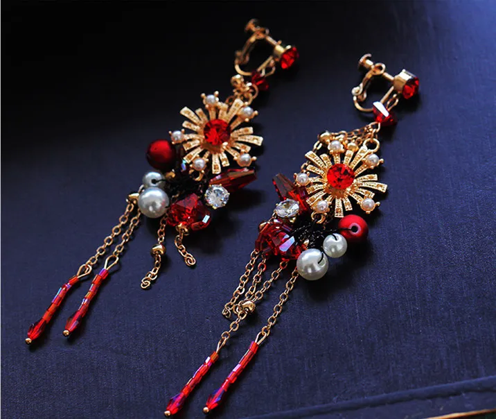 JaneVini Luxury Chinese Bridal Headdress Beaded Costume Red Butterfly Hairpins Gold Long Tassel Wedding Jewelry Hair Accessories | Украшения