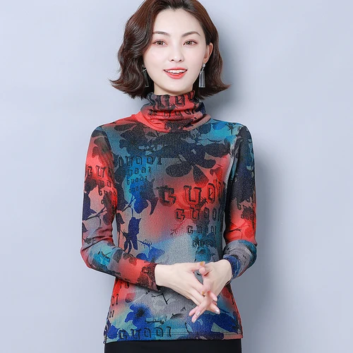 2020 Spring Autumn Elastic Fine Printing Woman Shirt High Collar Long Sleeve Xxxl Female Fashion Temperament Bottoming Shirts |
