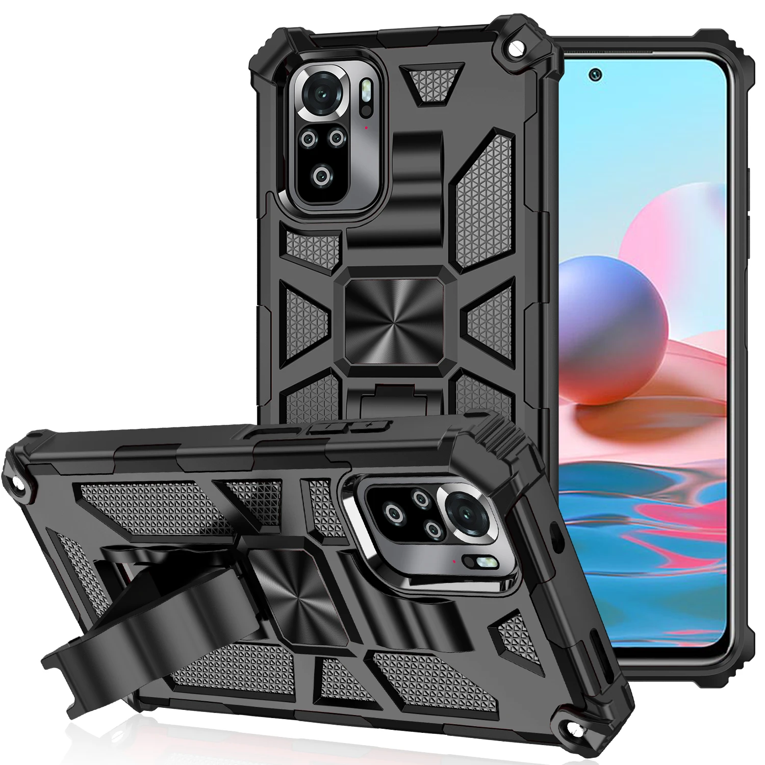 

Rugged Armor Phone Case For Xiaomi Redmi Note 9S 9 Pro Max 9A 9C With Metal magnetic Shockproof Bracket PC Protector Back Cover