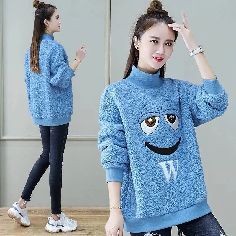 

Cartoon Embroidery Korean Fashion Turtleneck Pullover Tops Women Autumn And Winter Warm Faux Lambswool Hoodies Casual Sweatshirt